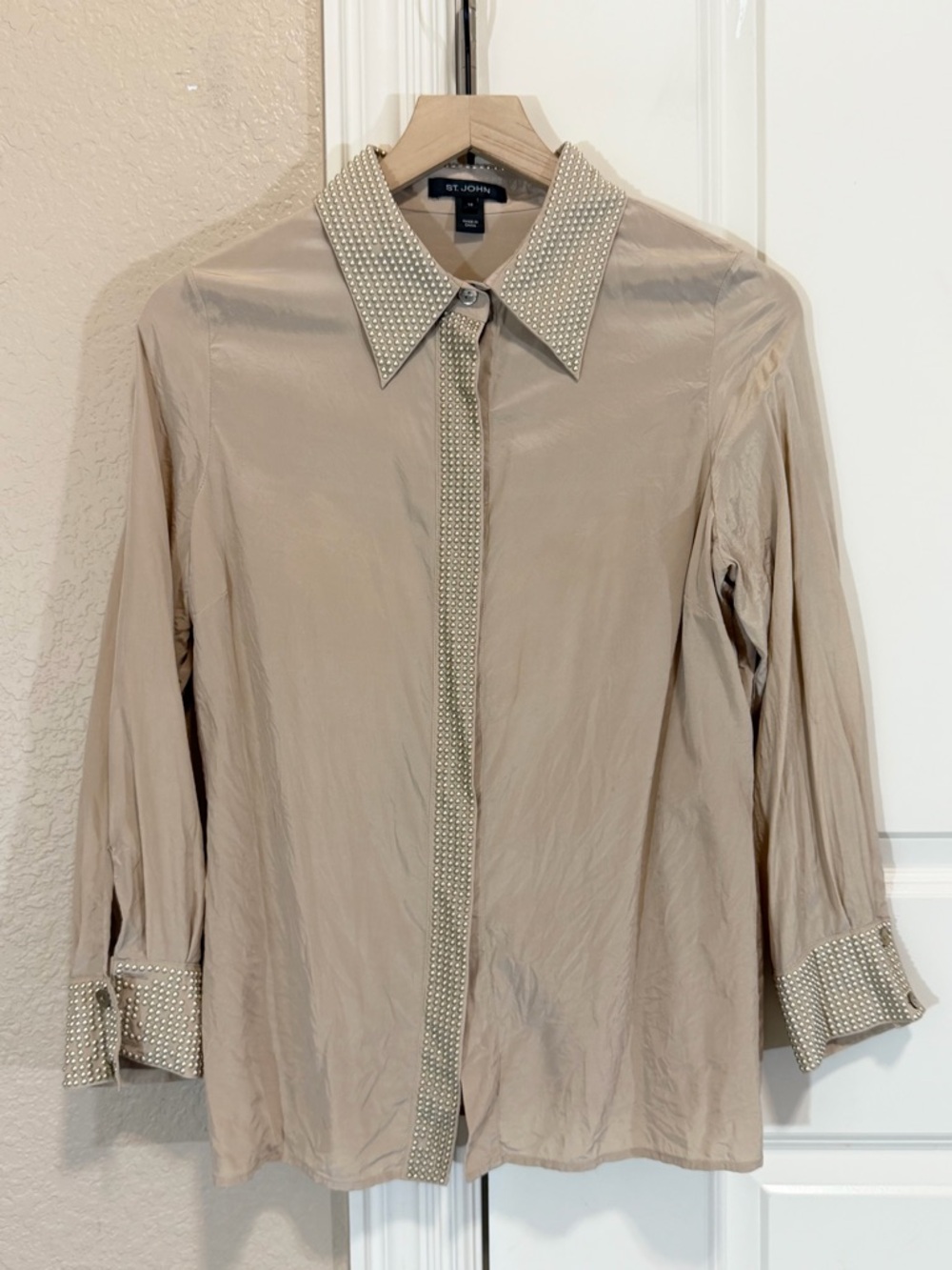 St. John Silk Blouse Embellished Collar Hidden Button Front